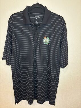 Antigua Black Polo with Thin Gray Stripes and Celtics Patch